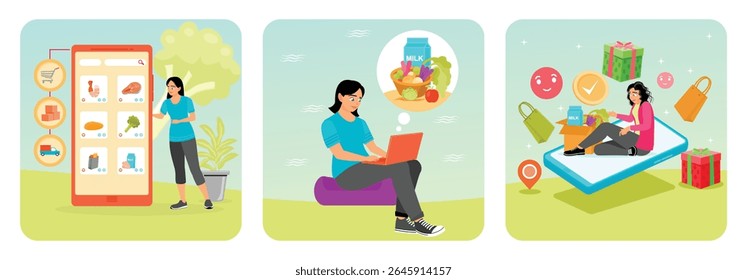 Grocery shopping app on a smartphone screen. Makes an online grocery purchase by browsing the device. Convenience of online purchasing and digital services. Online grocery shopping concept.