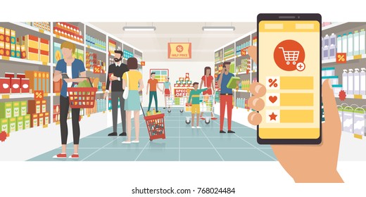 Grocery Shopping App On A Smartphone And People Buying Products At The Supermarket, Technology And Commerce Concept