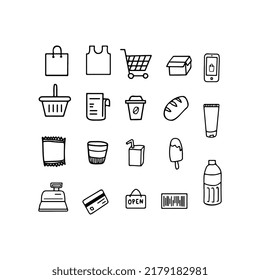 Grocery shopping bag, cart, cashier, food and drink lineart doodle icon. Perfect for supermarket content, brochure, apps, logo,packaging, bags, pattern, merchandise ornament element