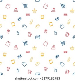 Grocery shopping bag, cart, cashier, food and drink icon seamless pattern design  perfect for supermarket wall, brocure, content, online shopping packaging. cute stationary or merch product 