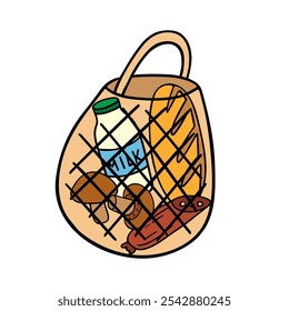 Bolsa de compras de comestibles con alimentos naturales frescos, compras de paquetes de mercado simples. Diseño plano de comestibles saludables, compras en la tienda. Ilustración vectorial.