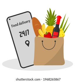 A grocery shopping bag full of fresh food isolated on a white background. Delivery of goods from the store. Application for the delivery of products. Concept for safe home delivery of products and foo