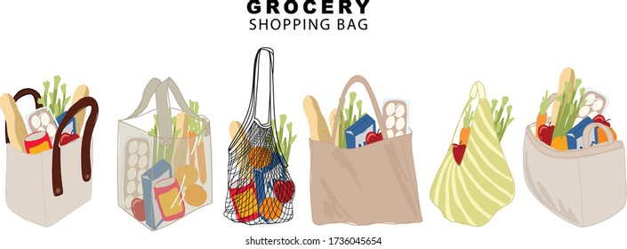 grocery shopping bag illustrator vector set with food 