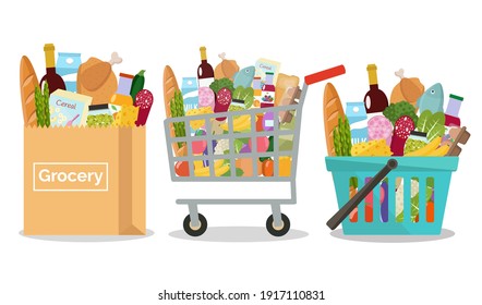 Grocery in a shopping basket, cart  and a paper bag. Vector illustration. Flat design.