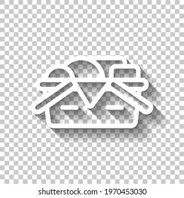 Grocery shopping basket, food for picnic, simple icon. White linear icon with editable stroke and shadow on transparent background