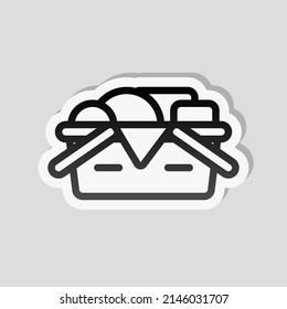 Grocery shopping basket, food for picnic, simple icon. Linear sticker, white border and simple shadow on gray background