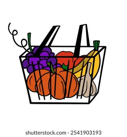 Cesta de la compra de comestibles con la comida natural fresca, compras sencillas del Carrito del mercado. Diseño plano sano del comestible, compras de la tienda. Ilustración vectorial.