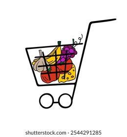 Cesta de la compra de comestibles con la comida natural fresca, compras sencillas del Carrito del mercado. Diseño plano sano del comestible, compras de la tienda. Ilustración vectorial.