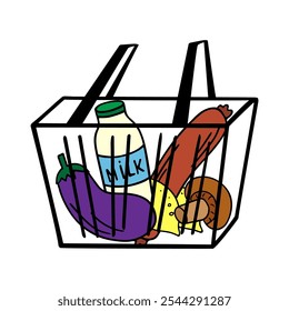 Cesta de la compra de comestibles con la comida natural fresca, compras sencillas del Carrito del mercado. Diseño plano sano del comestible, compras de la tienda. Ilustración vectorial.