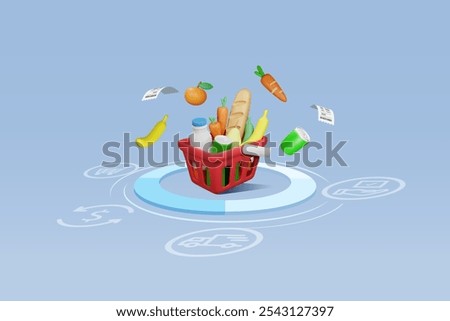 Grocery shopping basket on order process step for online shopping. Ordering, payment, packing and delivery. Grocery store, supermarket and E commerce 3D vector.