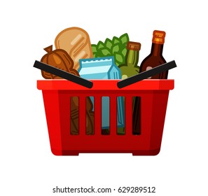 Grocery shopping. Basket, store, food and drinks icon. Cartoon vector illustration