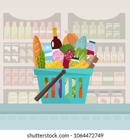 Grocery in a shopping basket. Vector illustration. Flat design.