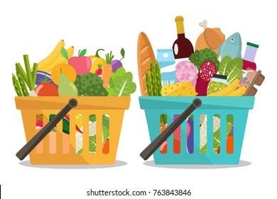 Grocery in a shopping basket and vegetables and fruits in basket. Vector illustration. Flat design.