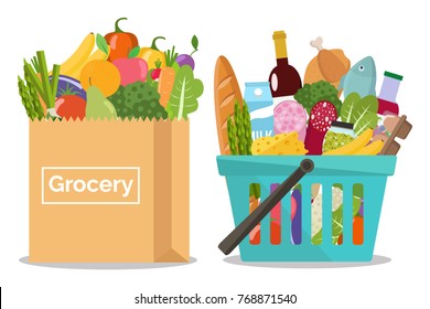 Compra en una cesta de compras y verduras y frutas en una bolsa de papel. Ilustración vectorial. Diseño plano.