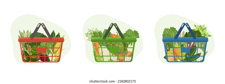 Grocery shopping baskets with fresh green vegetables and root crops from local farm market. Healthy vegan food set. Vector illustration isolated on white background
