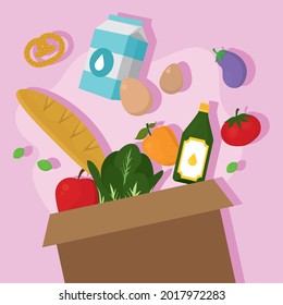 Grocery shopping box with food icon set on pink background