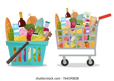 Grocery in a shopping cart and shopping basket. Vector illustration. Flat design.