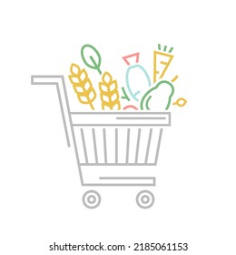 Grocery shopping cart with different products. Full supermarket food basket. Symbol, logo line element, linear pictogram. Editable vector illustration in outline style isolated on a white background
