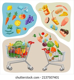 Grocery Shopping Cart. Full Supermarket Food Basket Healthy And Unhealthy Food Concept Vector Illustration, Shop Cart With Groceries Goods Isolated