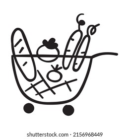 Grocery shopping cart. Hand drawn vector illustration on white background.