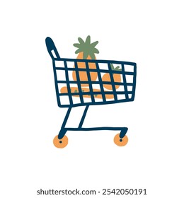 Carrito de compras de comestibles. Carrito de mano dibujado con Productos de frutas y pan. Ilustración de objeto de venta al por menor de supermercado de Vector simple