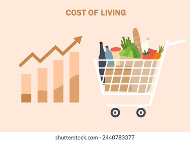 Grocery shopping cart with high graph. Cost of living, growth of grocery price, economic inflation vector illustration