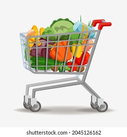 Grocery shopping cart on white. Full supermarket food basket vector illustration, shop cart with groceries goods isolated