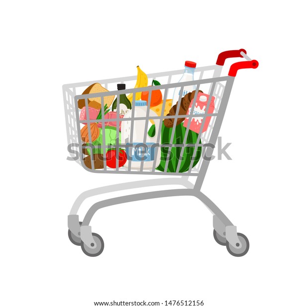 白い背景に買い物カート フルスーパーの食料かごベクターイラスト 食料雑貨を入れたショッピングカート のベクター画像素材 ロイヤリティフリー