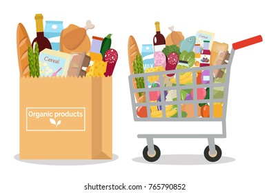 Grocery in a shopping cart and a paper bag. Vector illustration. Flat design.