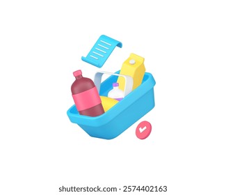 Grocery shopping cart success payment receipt 3d icon realistic vector illustration. Food and drink everyday buying groceries product market shop store approved paying bill online order delivery