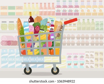 Grocery in a shopping cart. Vector illustration. Flat design.