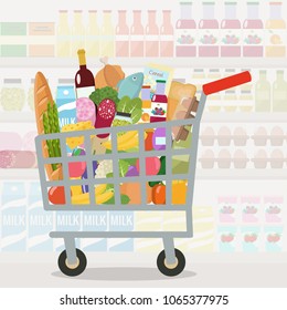 Grocery in a shopping cart. Vector illustration. Flat design.