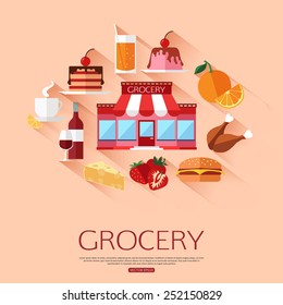 Grocery shopping concept background with place for text. Collection of flat food and drinks icons. Vector illustration. 