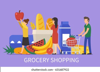 Grocery shopping concept design for web banners, infographics. People make purchases in store. Flat style vector illustration.