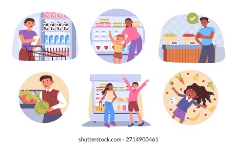 Concepto de compras de comestibles establecido para el Diseño web. Colección con gente de dibujos animados haciendo compras en el supermercado, eligiendo productos alimenticios en los estantes de diferentes departamentos de tiendas. Ilustración vectorial.