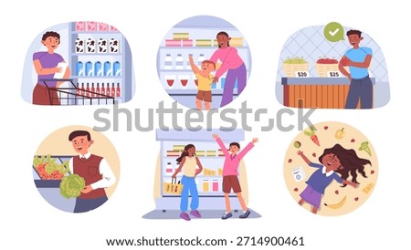 Grocery shopping concept set for web design. Collection with cartoon people doing purchases at supermarket, choosing food products at shelves of different store departments. Vector illustration.