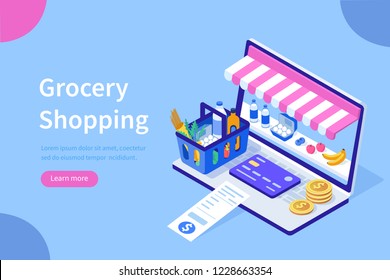 Grocery shopping concept.Can use for web banner, infographics, hero images. Flat isometric vector illustration isolated on white background.