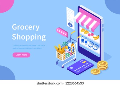 Grocery shopping concept.Can use for web banner, infographics, hero images. Flat isometric vector illustration isolated on white background.