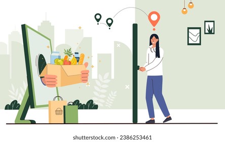 Concepto de compras en comestibles. Mujer parada cerca de la puerta con smartphone. Comercio en línea y compras. Entrega rápida de comida a domicilio. Parcela con frutas y verduras. Dibujo vectorial plano de dibujos animados