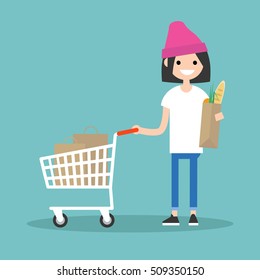 Grocery shopping concept: Young customer standing with a trolley and holding a shopping bag / flat editable vector illustration