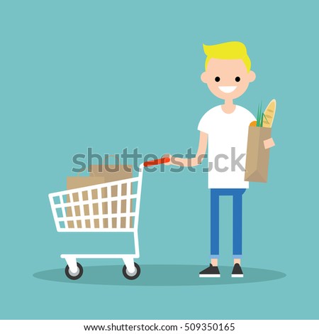 Grocery shopping concept: Young customer standing with a trolley and holding a shopping bag / flat editable vector illustration