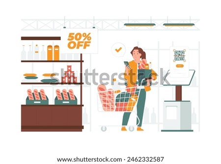 Grocery shopping convenience store self checkout payment qr code scan to pay concept illustration