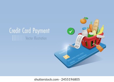 Grocery shopping and credit card payment. Shopping basket on credit card with bill receipt for online shopping with secure money protection. Money spending, online banking and financial. 3D vector.