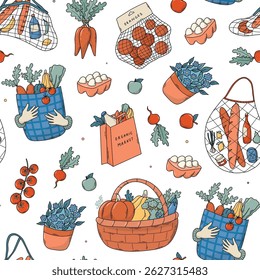 Grocery shopping doodles seamless pattern for wallpapers, backgrounds, textile prints, product packaging, wrapping paper, etc. Organic food, healthy eating theme. EPS 10