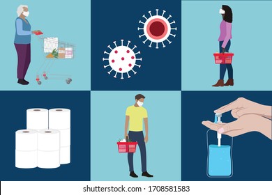 Grocery shopping during Covid-19 pandemic. Social distancing at supermarkets while buying essential items. 
