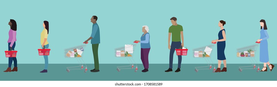 Grocery shopping during Covid-19 pandemic. Social distancing at supermarkets while buying essential items. 