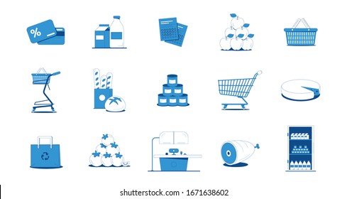 Grocery shopping flat icons set with blue and white vegetables bread meat fruit dairy products bag cards cart isolated on white background vector illustration