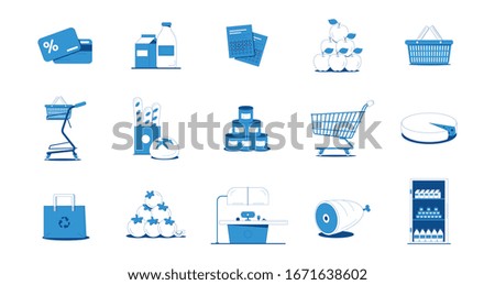 Grocery shopping flat icons set with blue and white vegetables bread meat fruit dairy products bag cards cart isolated on white background vector illustration