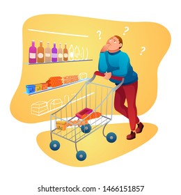 Grocery shopping flat vector illustration. Indecisive supermarket, mall customer cartoon character. Hesitant young man in food store. Forgetful buyer leaning on trolley. Shopper buying products