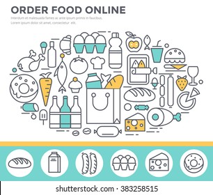 Grocery shopping and food ordering concept illustration, thin line flat design